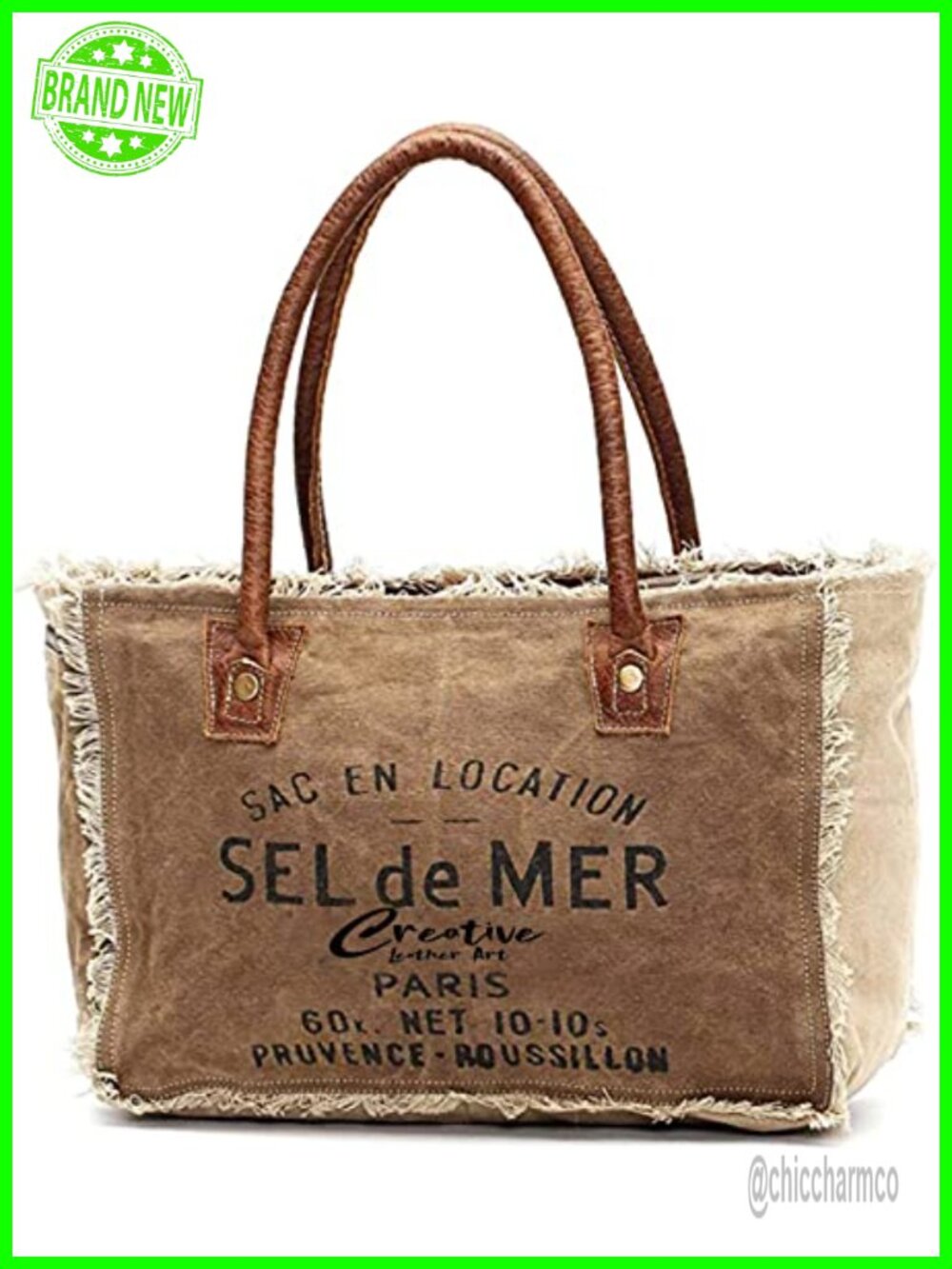 Upcycled Canvas Tote Bag Genuine Leather Handles Sel De Mer Print